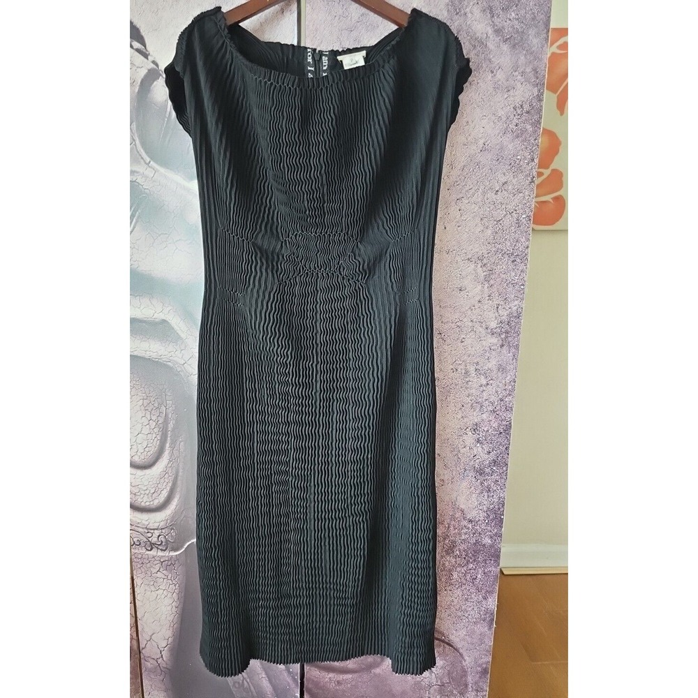 LAFAYETTE 148 New York Black Smocked Stretch Below Knee Sheath Dress L YJ01